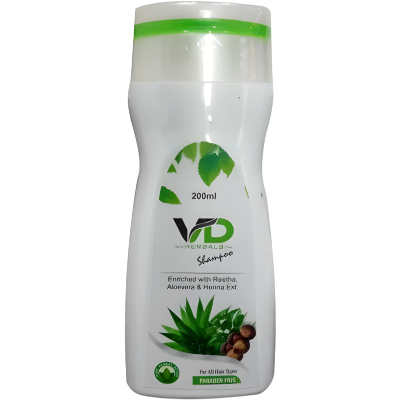 A white plastic shampoo bottle with a cylinder shape and the VD emblem on and these natural and ayurvedic shampoos typically help the hair in general and keep it healthy.