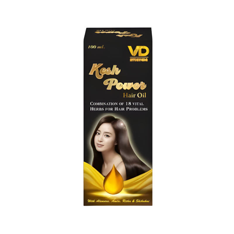 A black Kesh Power hair oil package with a bottle of hair oil and is a natural, effective way to prevent hair loss and promote hair growth.