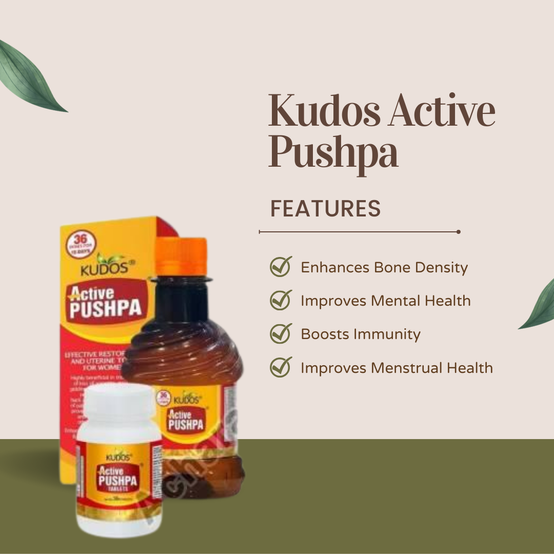 A container filled with Kudos herbal syrup encouraging its beneficial properties such as increasing bone density, improving mental health, boosting immunity, and improving menstrual health.