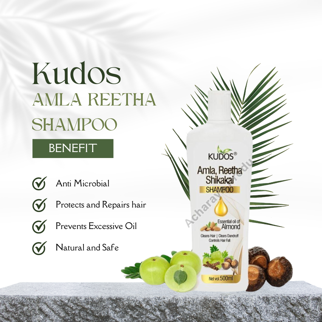 A cylindrical shaped Kudos shampoo bottle with perks specified such as avoiding excess oil, protecting and regenerating hair, antimicrobial, natural, and safe.