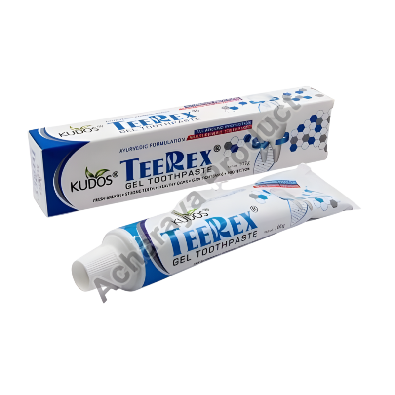 Horizontally reclining a white hue Kudos herbal toothpaste tube effectively removes stains and brightens teeth without using harsh chemicals.