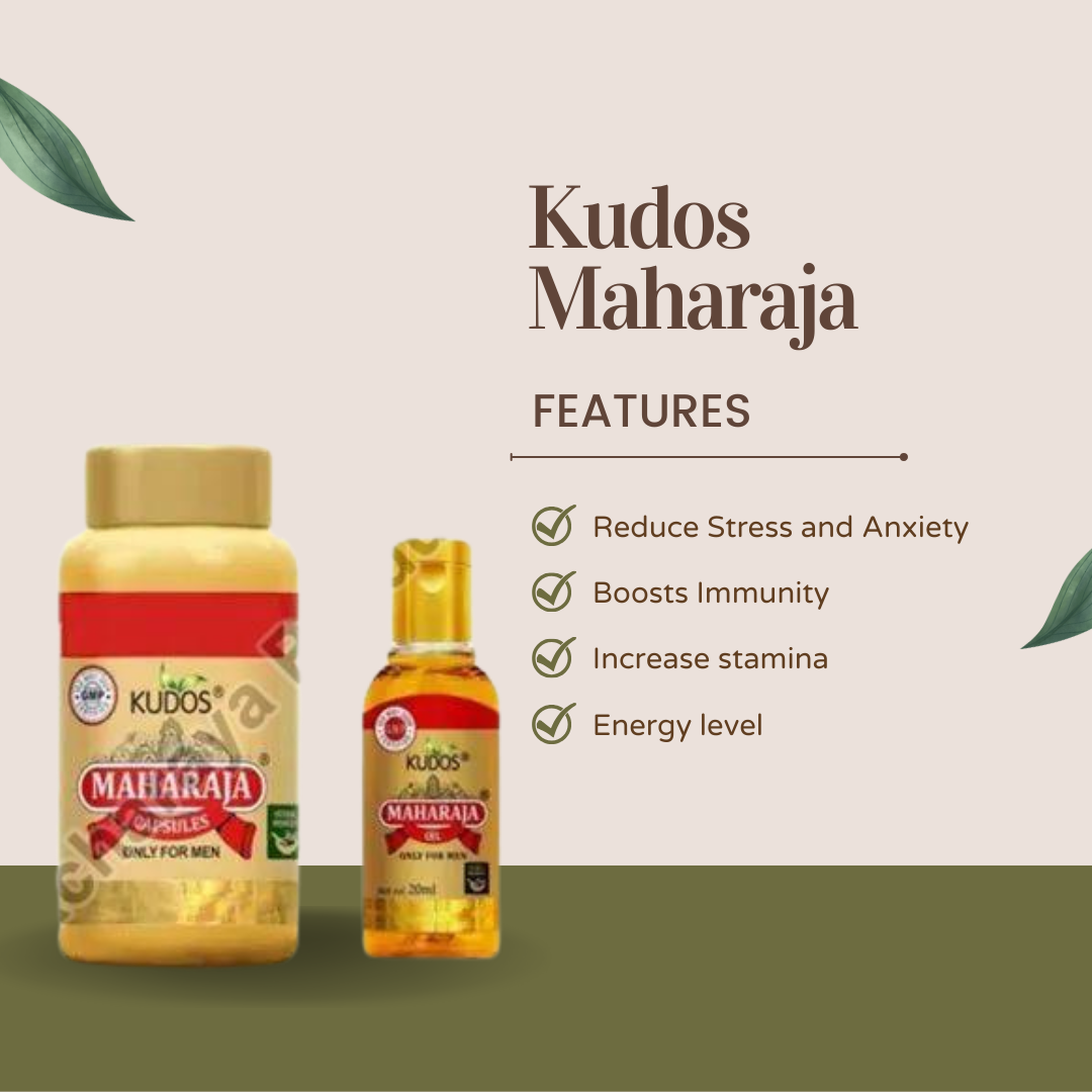 A golden jar of kudos containing maharaja tablets and establishing its benefits such as stress and anxiety reduction, immunity boost, stamina increase, and energy level maintenance.