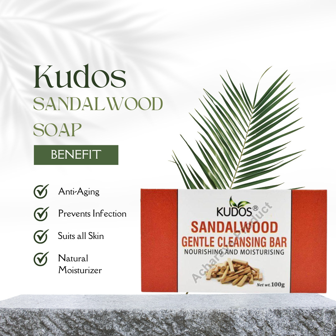 A package including sandalwood washing soap that advertises its anti-aging and infection-prevention properties, as well as its suitability for all skin types and natural moisturizer.