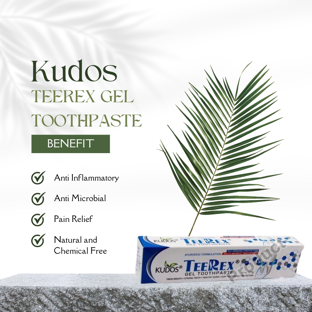 A Kudos herbal toothpaste tube resting horizontally, emphasizing its anti-inflammatory, anti-microbial, pain-relieving properties, and natural, chemical-free formulation.