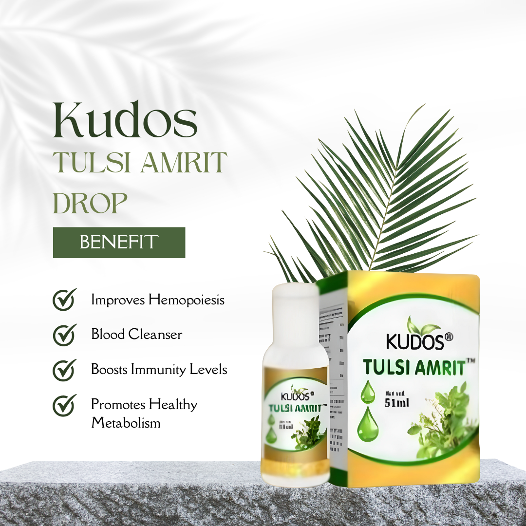 A kudos bottle filled with tulsi amrit drops exhibiting its benefits for blood purification, enhancing hemopoiesis, increasing immunity, and promoting healthy metabolism.