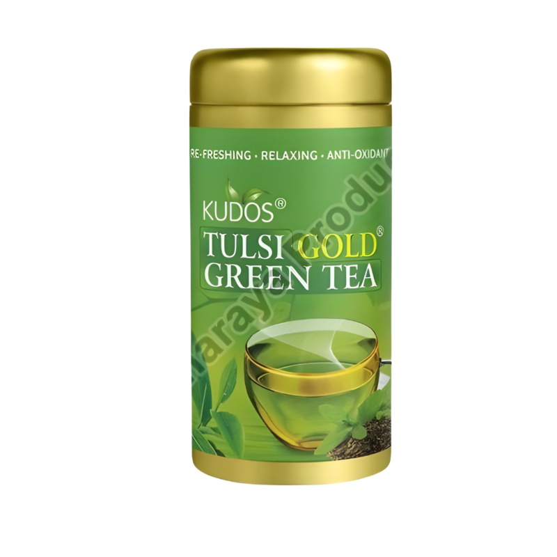 A kudos jar filled with green textury tulsi gold green tea that boosts your health and vigor with natural vitamins, minerals, and chlorophyll.