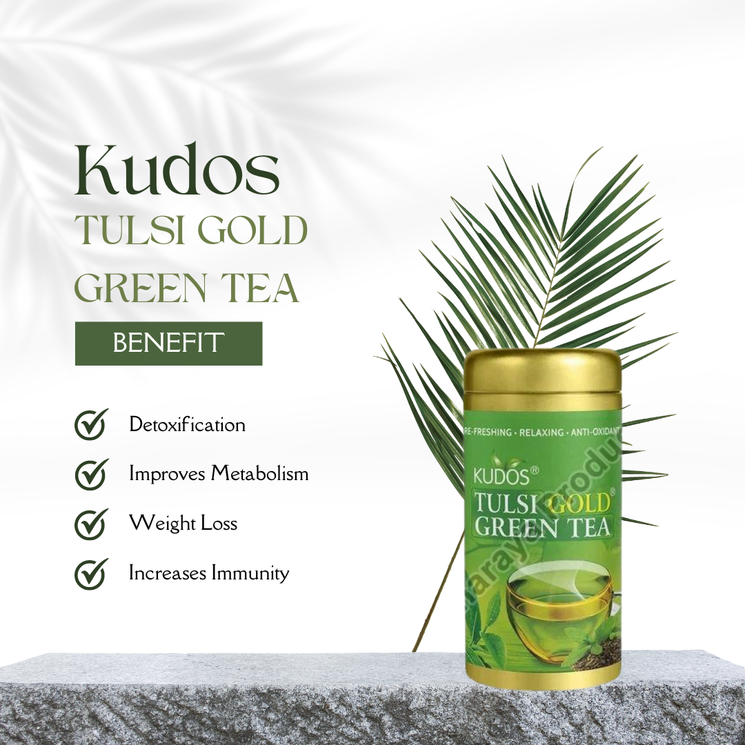 A kudos jar filled with tulsi gold green tea, showcasing its detoxifying, metabolism, weight reduction, and immunity-boosting benefits.