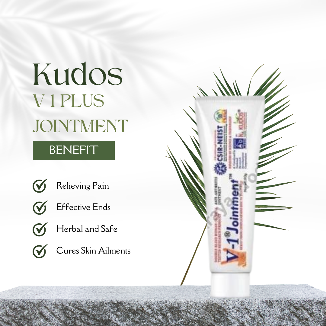 Kudos Jointment Cream positioned upright, demonstrating its distinguishing qualities of pain relief, skin problems treatment, and natural and safe ingredients.