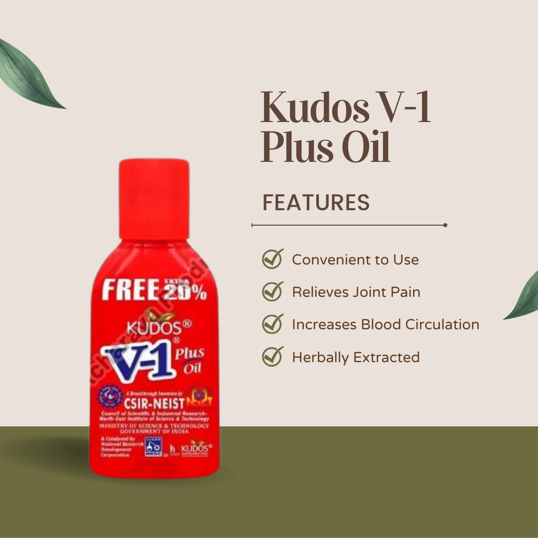 A red Kudos bottle filled with V-1 Plus Oil and promoting its positive aspects of relieving joint pain, increasing blood circulation, and being herbally derived.