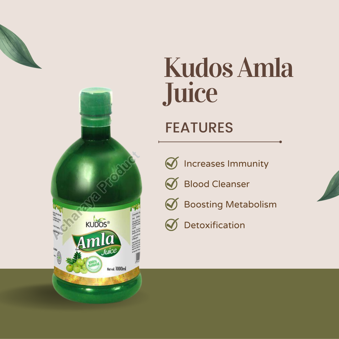 A Kudos amla ras bottle poised, elevated, packed with herbal juice emphasizing its properties for enhancing immunity, blood cleaning, metabolism, and detoxification.