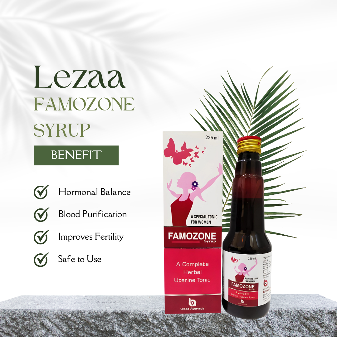 A jar full with leeza ayurvedic syrup emphasizing its advantages of hormonal balancing, blood cleansing, improved fertility, and safety.