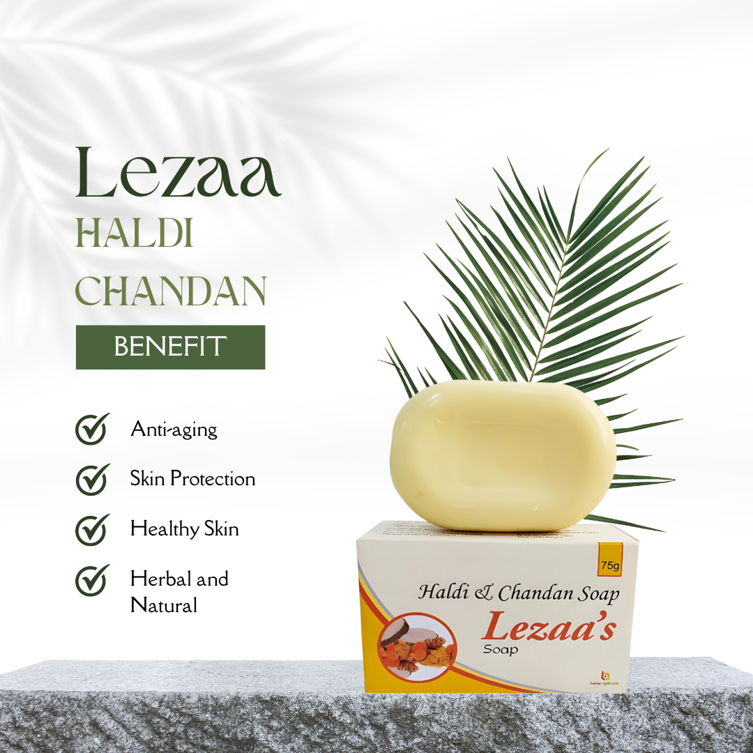 A package depicting a haldi and chandan soap and promoting its virtues such as anti-aging, skin protection, and skin health, as well as being herbal and safe.