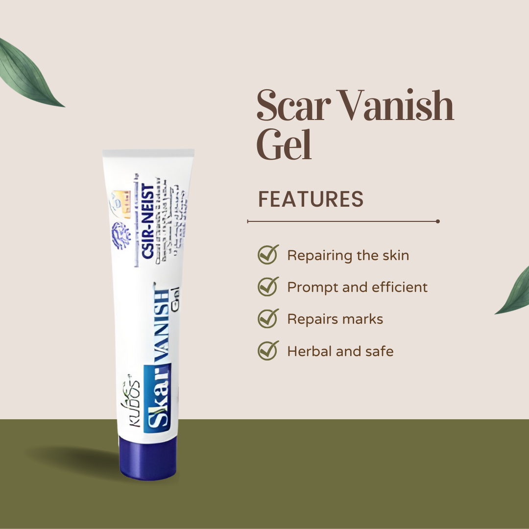 A scar removal cream tube describing its skin-repairing properties, including promptness and efficiency, mask repair, and natural and safe ingredients.