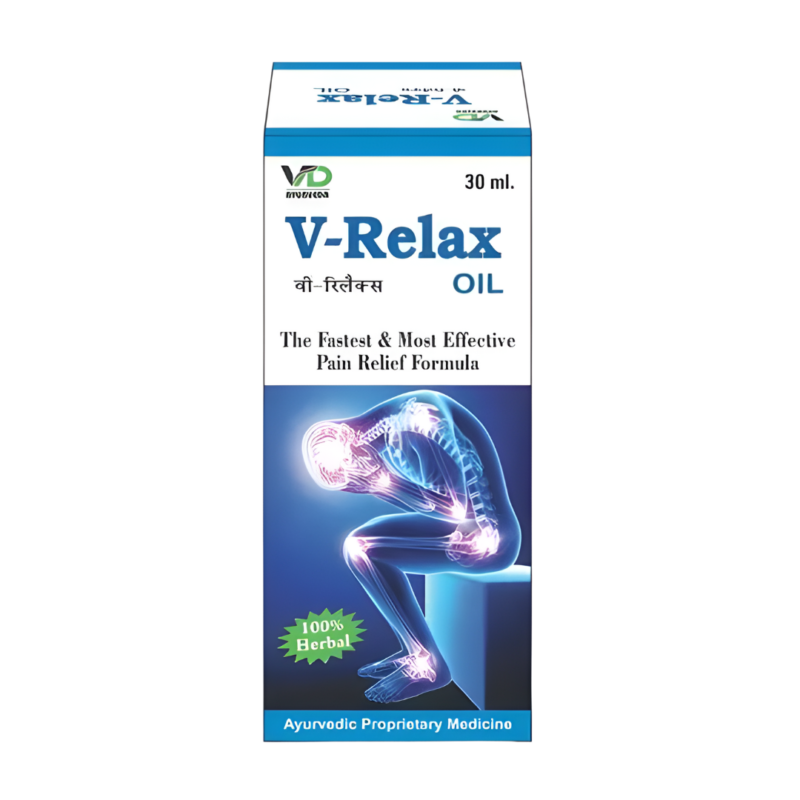 A white shade package containing a v-relax oil bottle that promotes and aids in the body’s healthy connective tissues and joints.