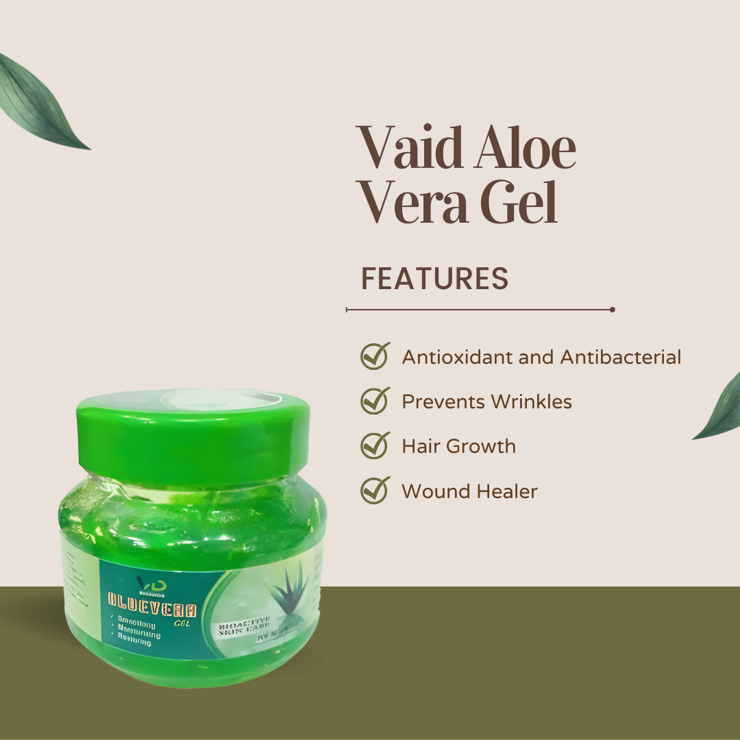 A spherical container crammed full of aloe gel emphasizing its attributes such as wrinkle prevention, wound healing, and hair development.