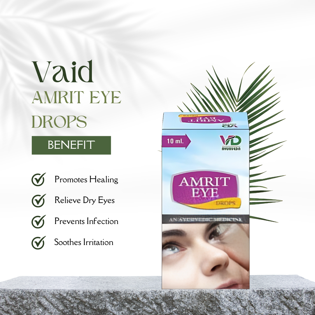 An Amrit eye drop bottle with an enclosed case promoting the product's benefits such as encouraging healing, easing dryness, preventing infection, and soothing irritation.