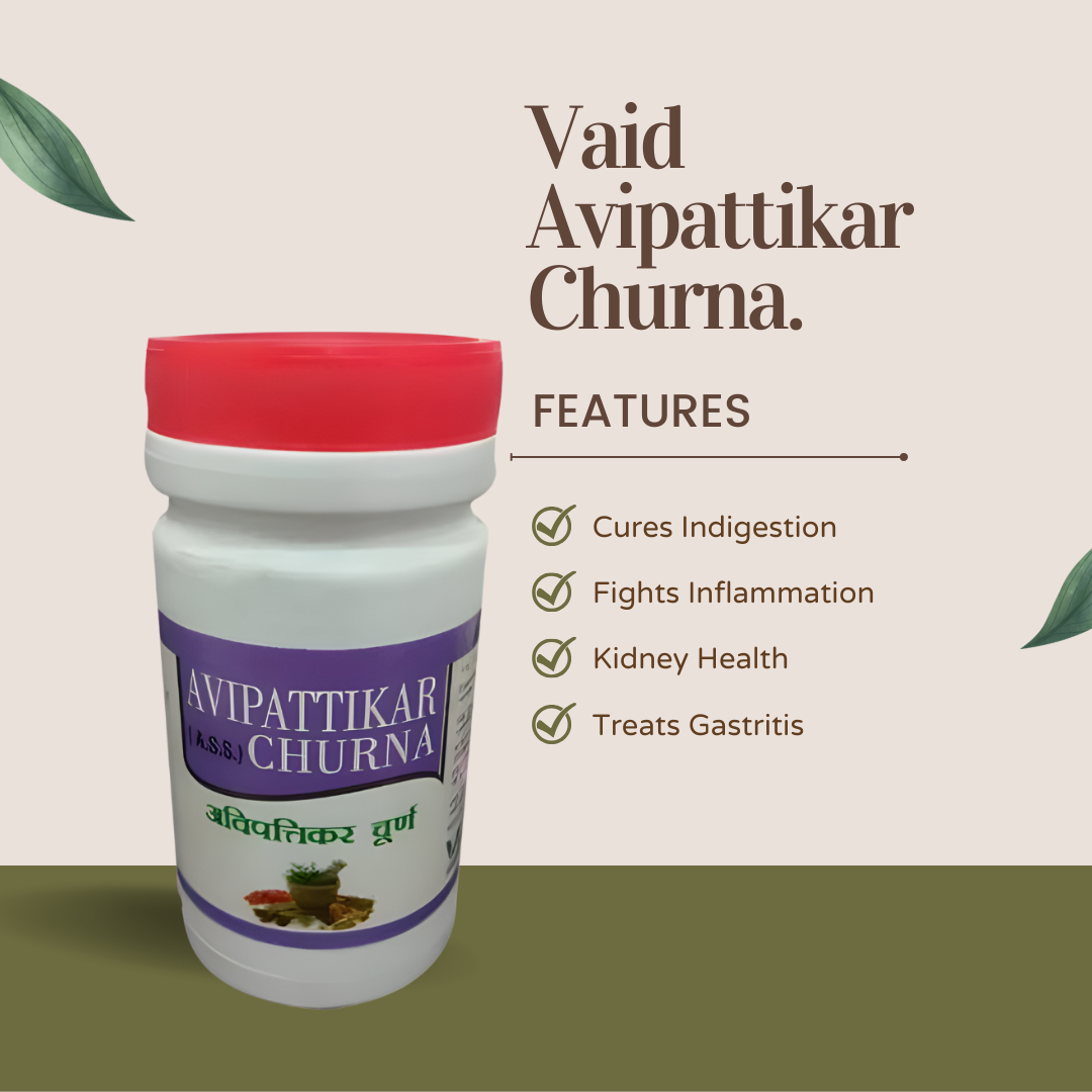 A box placed upright consists of avipattikar churna, which is beneficial in treating inflammation and alleviating indigestion while also supporting renal health.