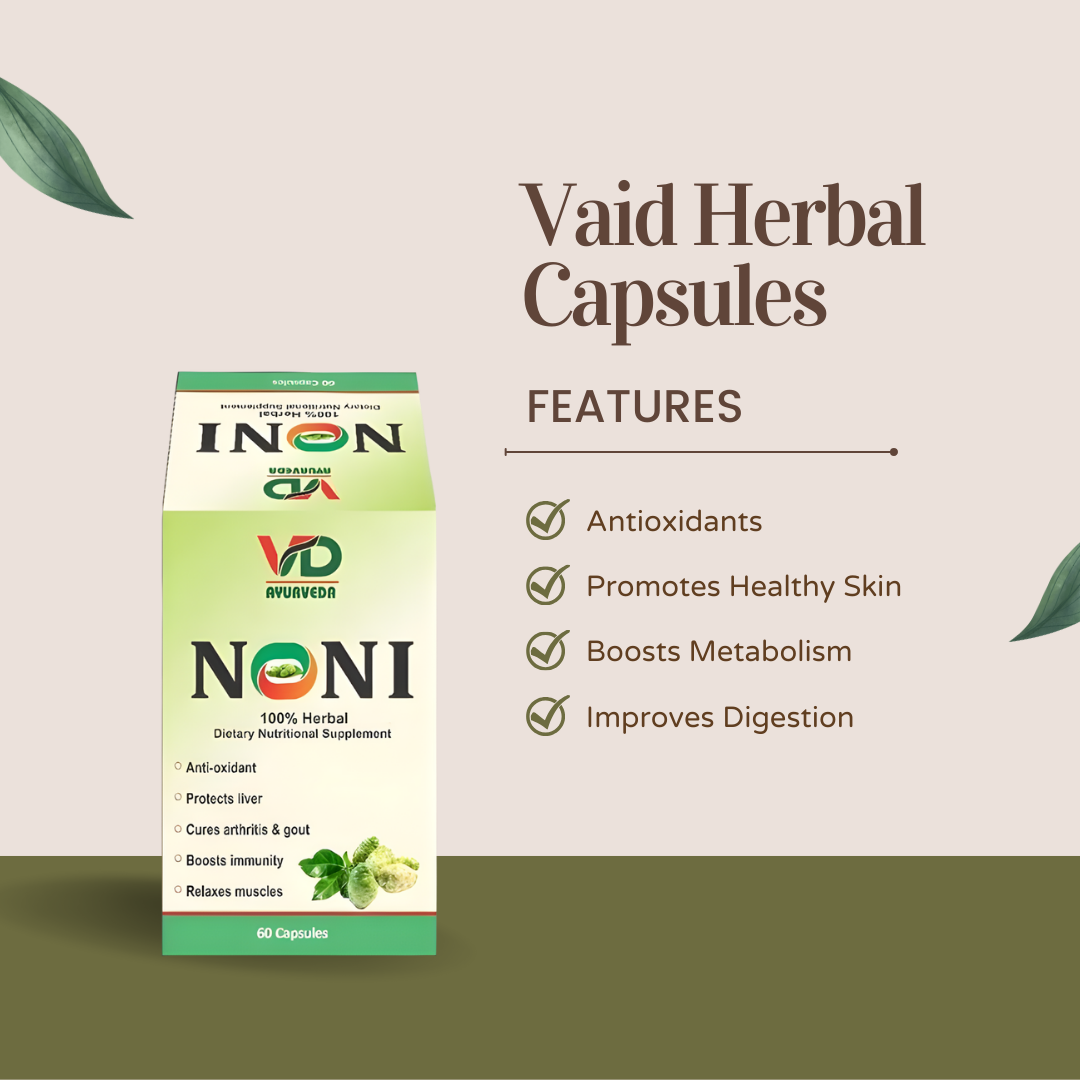 A packet containing ayurvedic noni pills claiming their advantages such as encouraging good skin, increasing metabolism, helping digestion, and acting as an antioxidant.