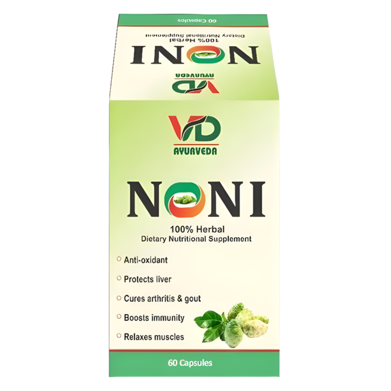 A VD-branded box of a bright green shading containing Ayurvedic noni pills is recognized for improving the body's immune system and supporting heart, skin, and digestive health.