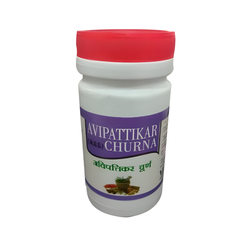 A white box containing avipattikar churna that is prescribed to individuals with stomach problems.