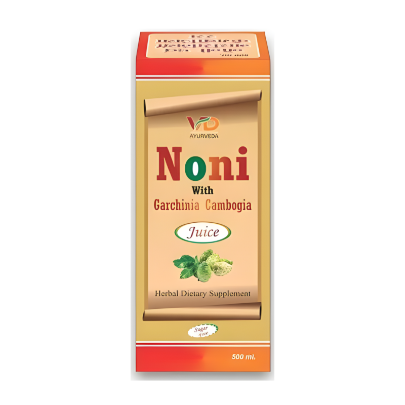 A yellowish-orange carton containing herbal noni juice by Vaid Dhanvantari, which assists in the body's ability to mend damaged cells and activate the immune system