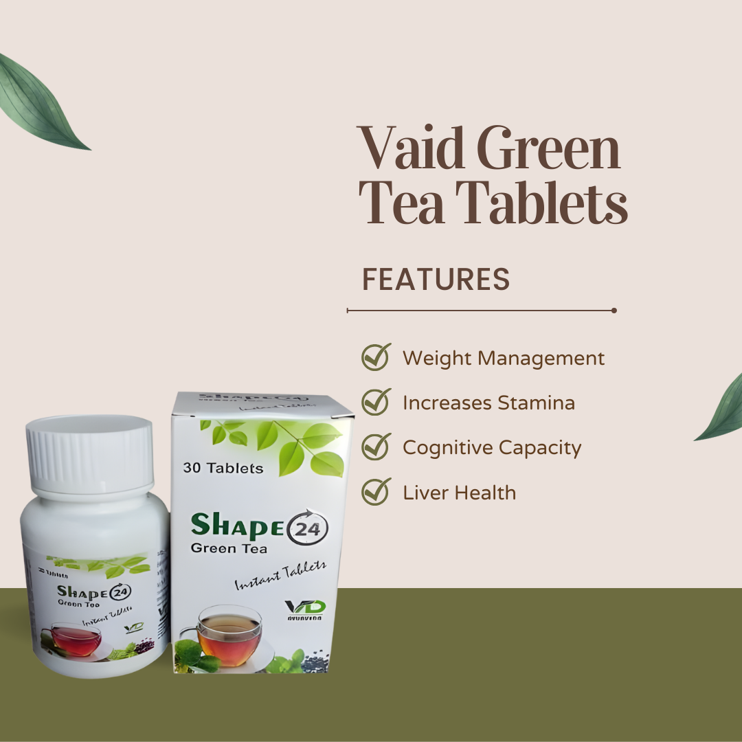 A VD ayurvedic herbal pill box comprising of green tea tablets, that are excellent for weight management, increased stamina, and liver health.