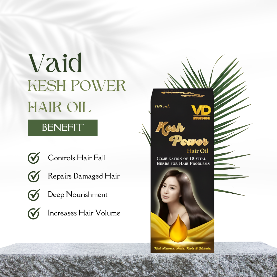 A bottle of hair oil with a box presenting the virtues of Kesh Power hair oil, which reduces hair loss, heals damaged hair, provides deep nourishment, and boosts hair volume.