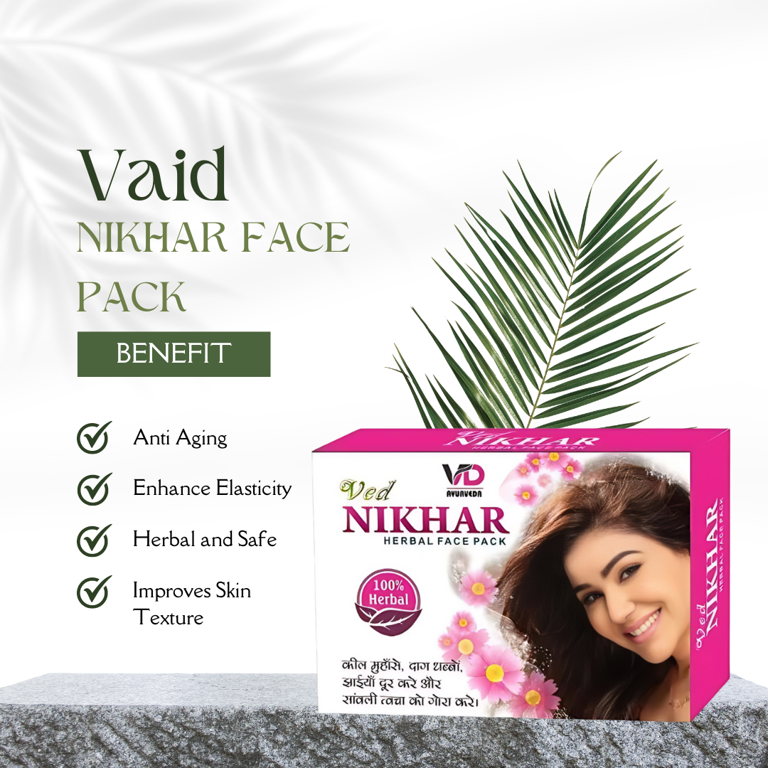 Ved Nikhar Herbal Face Pack positioned straight up demonstrates its anti-aging, elasticity-enhancing, safe, herbal, and skin-texture-improving properties.