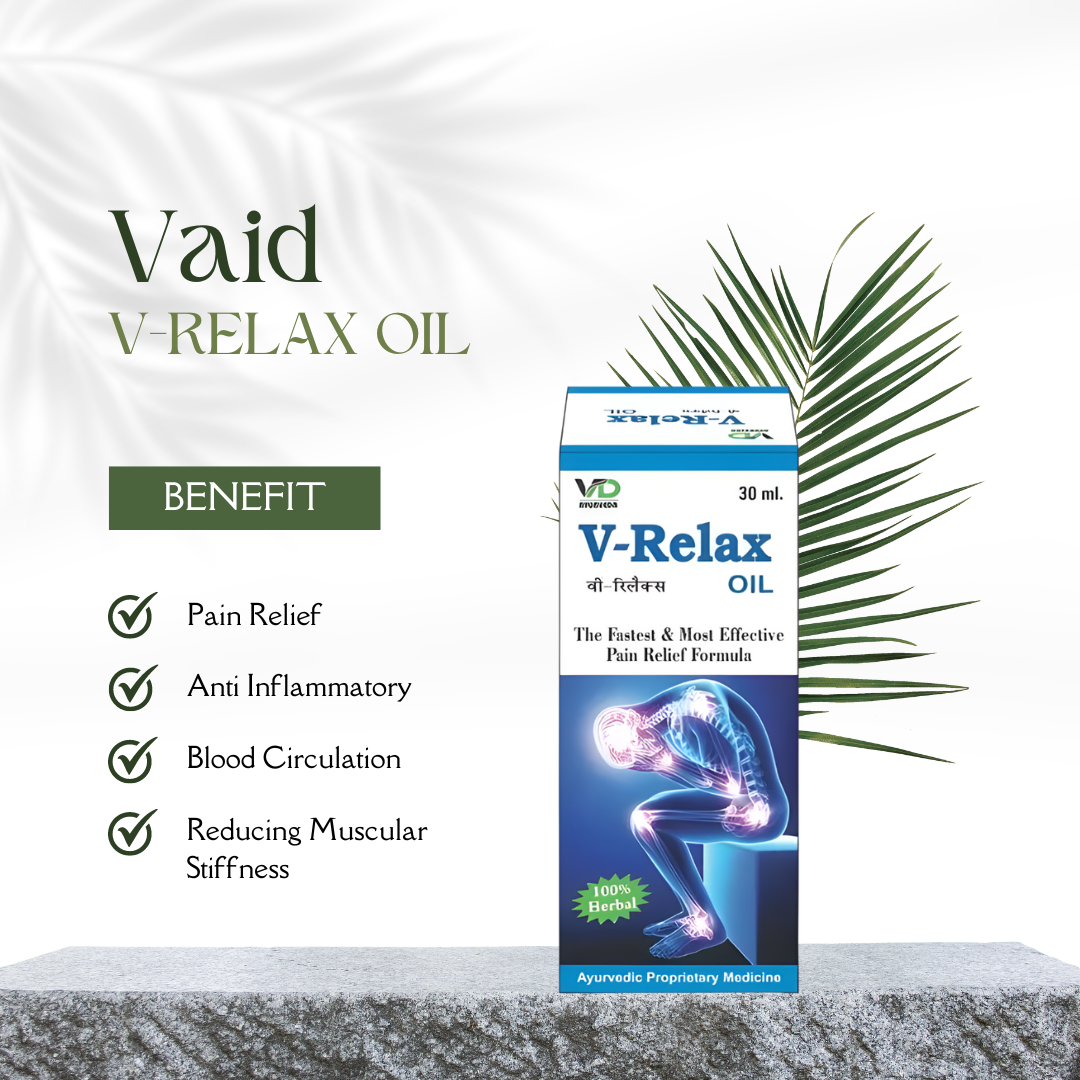 A white-colored box with a v-relax oil bottle displaying its qualities like pain alleviation, blood circulation, anti-inflammatory properties, and reduction in muscle stiffness.