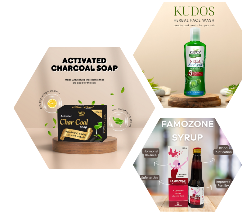 Three hexagon-shaped images with the advantages of acharya products—such as herbal facewash, charcoal soap, and famozone syrup—highlighted