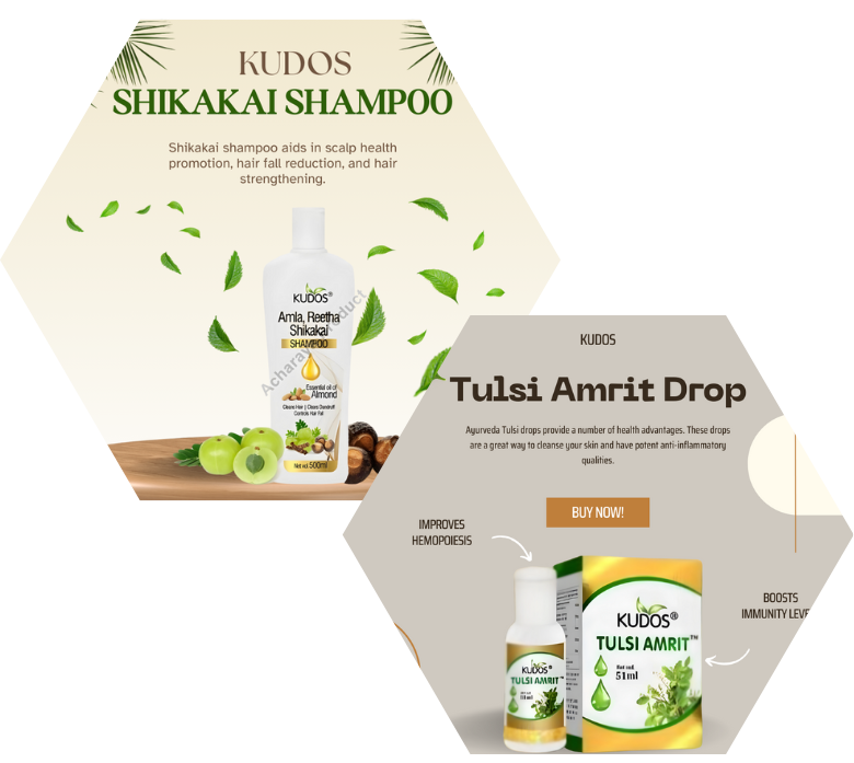 Two hexagons representing the Kudos Tulsi Amrit Drop and Amla Shikai Shampoo with their attributes emphasized