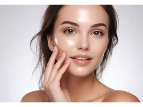 A young woman with her hand gently touching her glowing, radiant face, showcasing the transformative effects of skincare rituals and healthy habits.