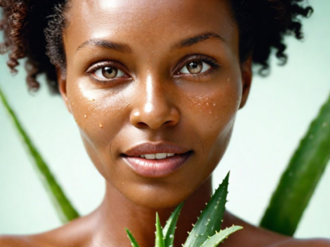 Woman applying aloe vera gel on her face for skincare routine.